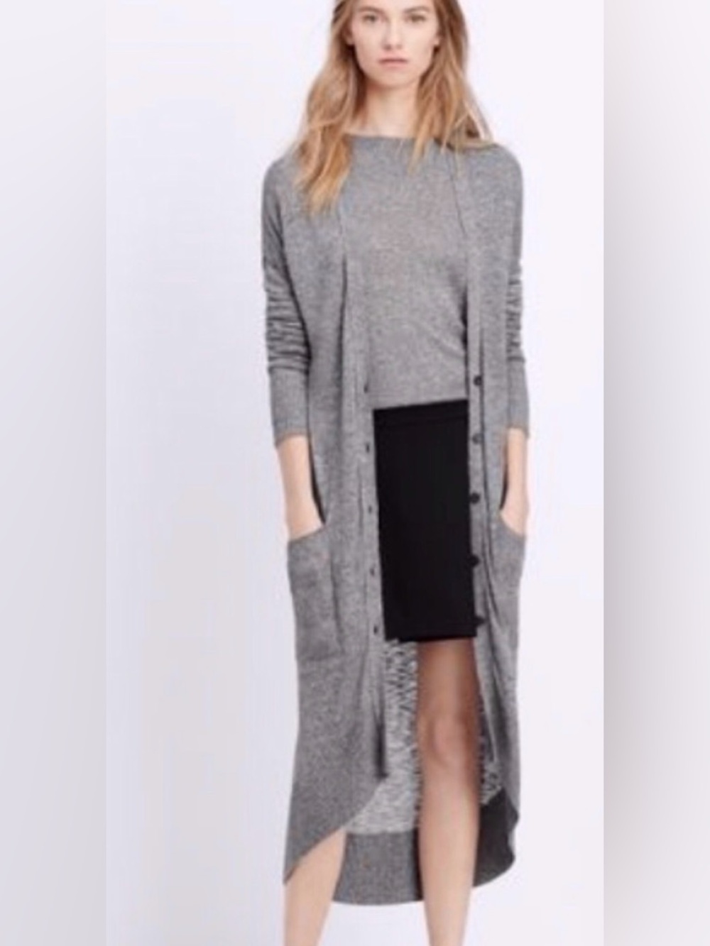 Vince Grey Marled Ribbed Button-Front Duster Cardigan - Size Small linen viscose